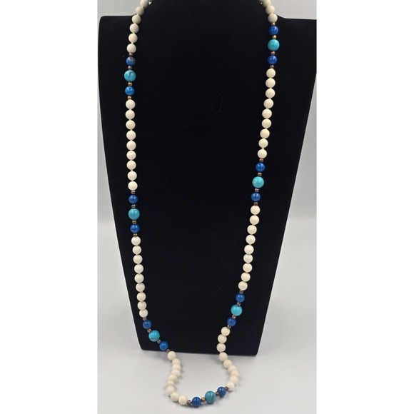 Estate Jewelry - Vintage Beaded Necklace Turquoise Lapis Lazuli Natural White Hetian Nephrite